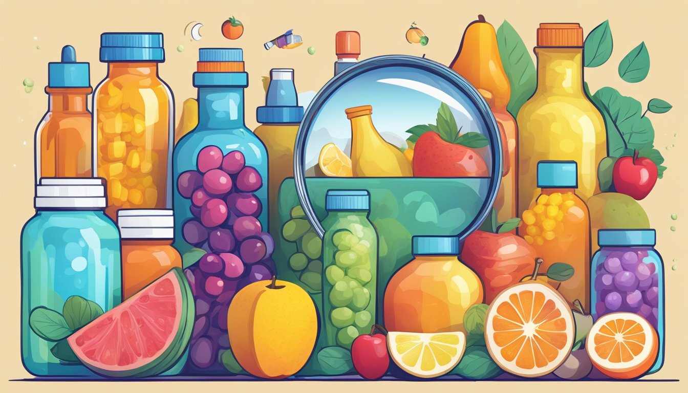 A colorful array of vitamin bottles and fresh fruits, with a magnifying glass examining their benefits and potential risks