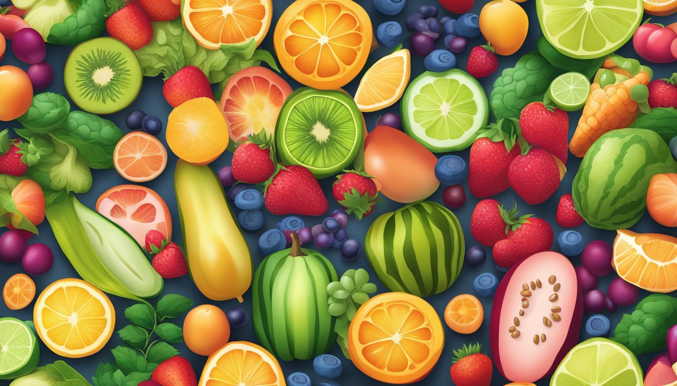 A vibrant assortment of fruits, vegetables, and vitamin supplements arranged around a glowing, healthy skin cell