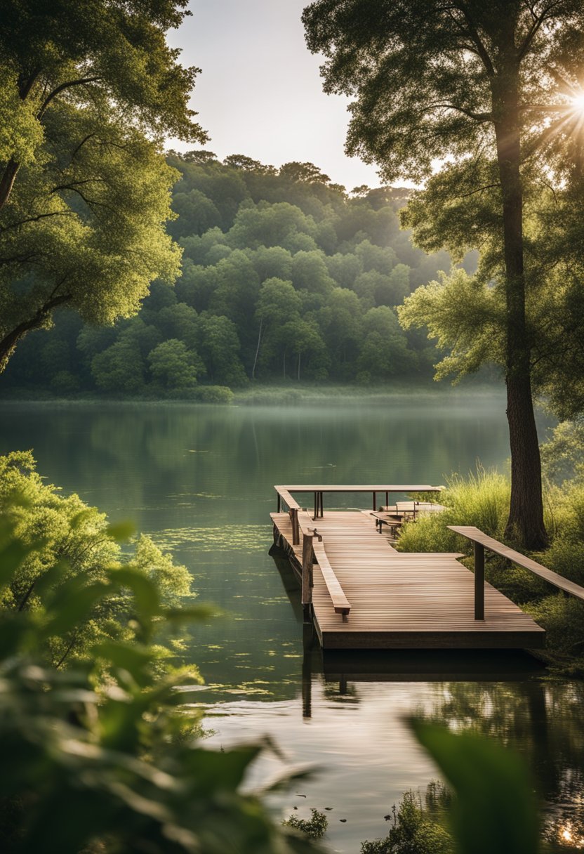 A serene lake surrounded by lush greenery, with cozy cabins and spacious patios offering breathtaking views of the Waco countryside