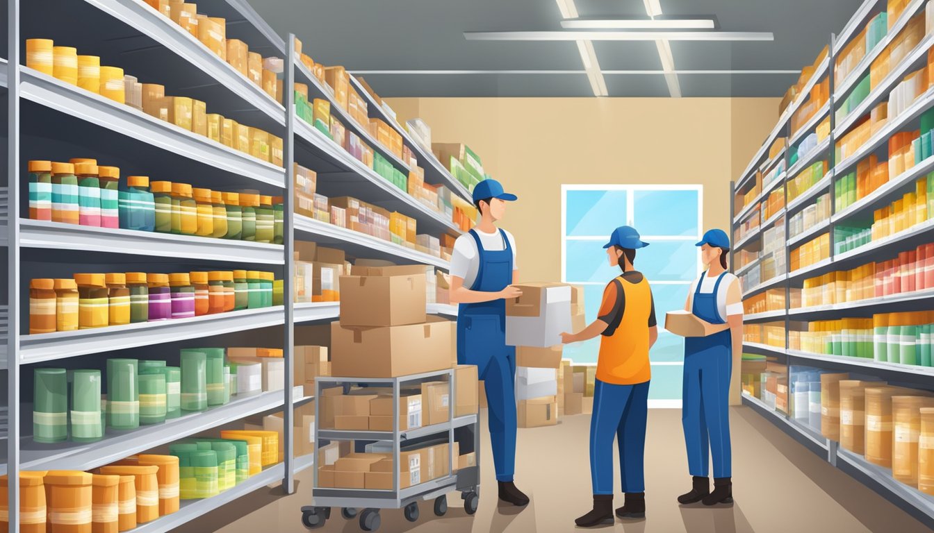 A bustling wholesale warehouse with shelves stocked with various vitamin supplements, while workers package and label products for shipment