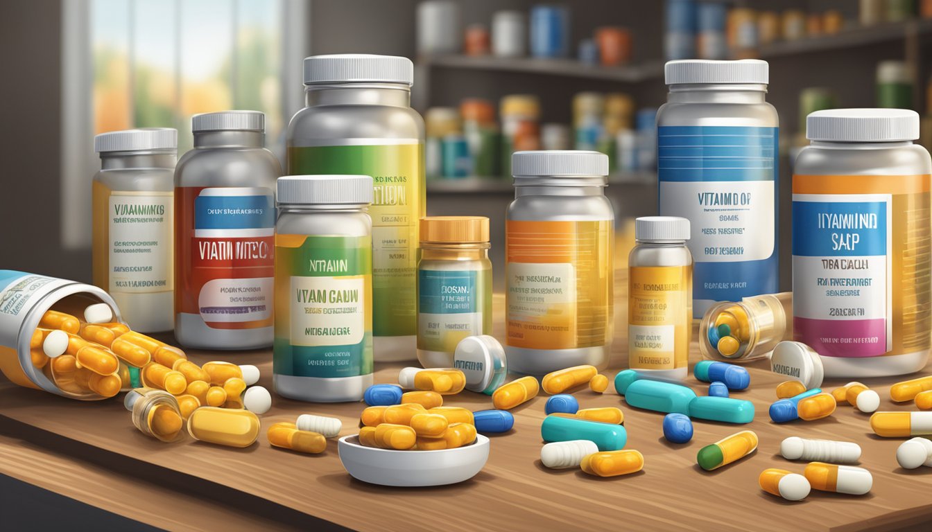 A variety of vitamin supplements arranged on a table, with warning labels and caution signs in the background