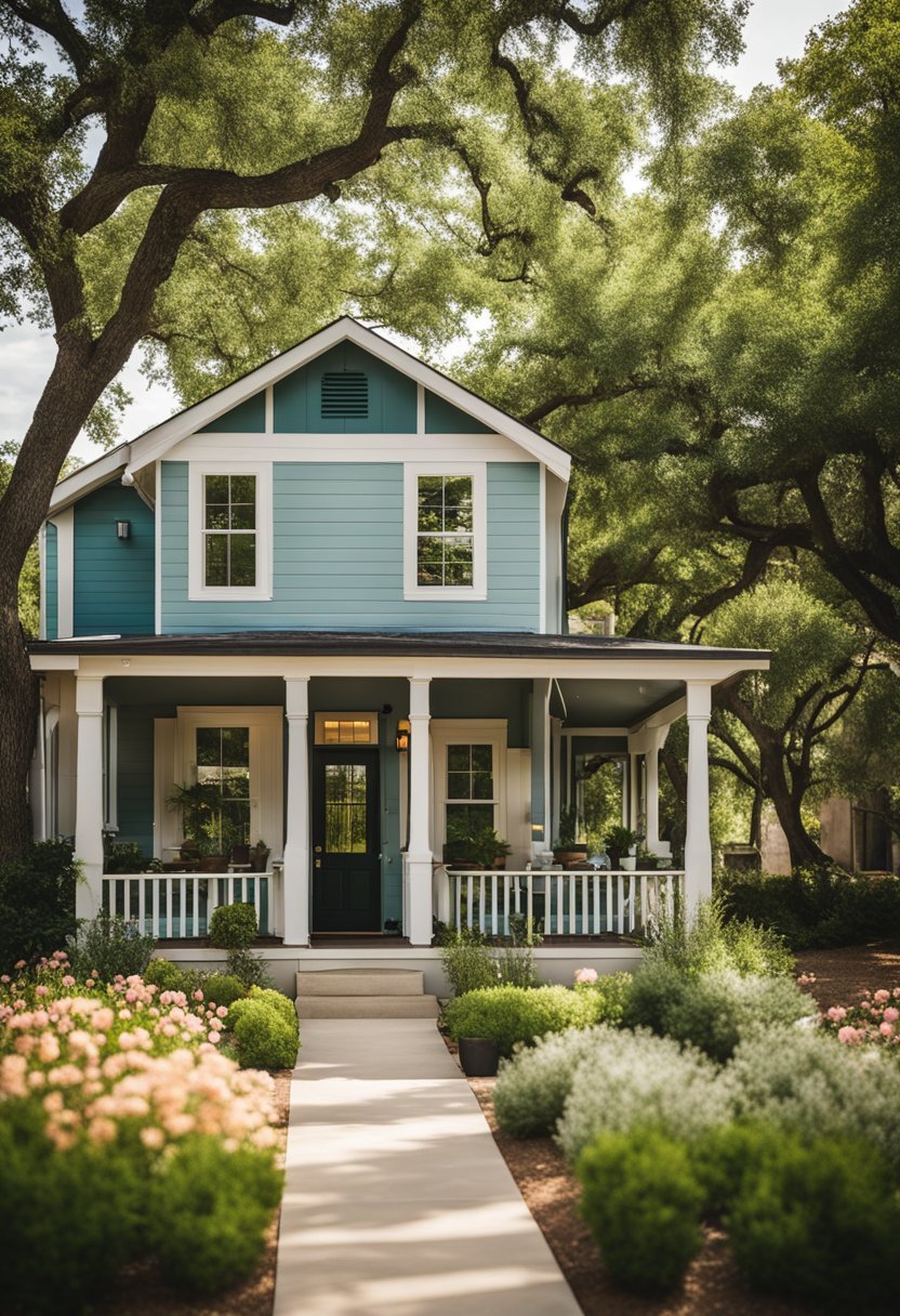 A sunny day in Waco, Texas, with 10 vacation rentals featuring outdoor spaces. Each rental has a different design and layout, from cozy patios to spacious decks, surrounded by lush greenery and colorful flowers