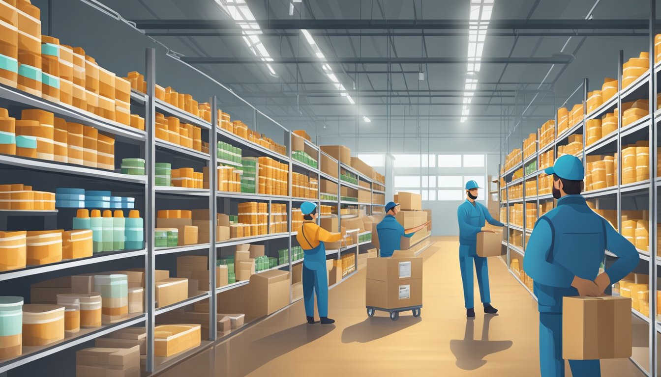 A warehouse filled with neatly organized shelves stocked with various vitamin supplements, with workers efficiently packing and shipping orders