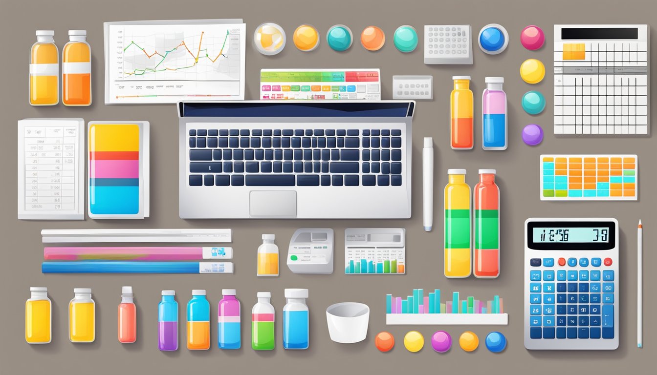 A table stacked with colorful vitamin supplement bottles and a calculator surrounded by charts and graphs