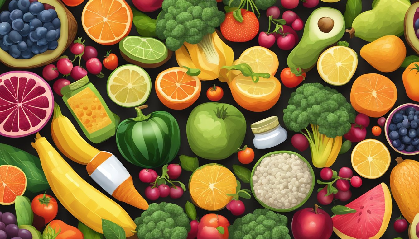 A vibrant, colorful assortment of fruits and vegetables bursting with nutrients, surrounded by bottles of joint supplements