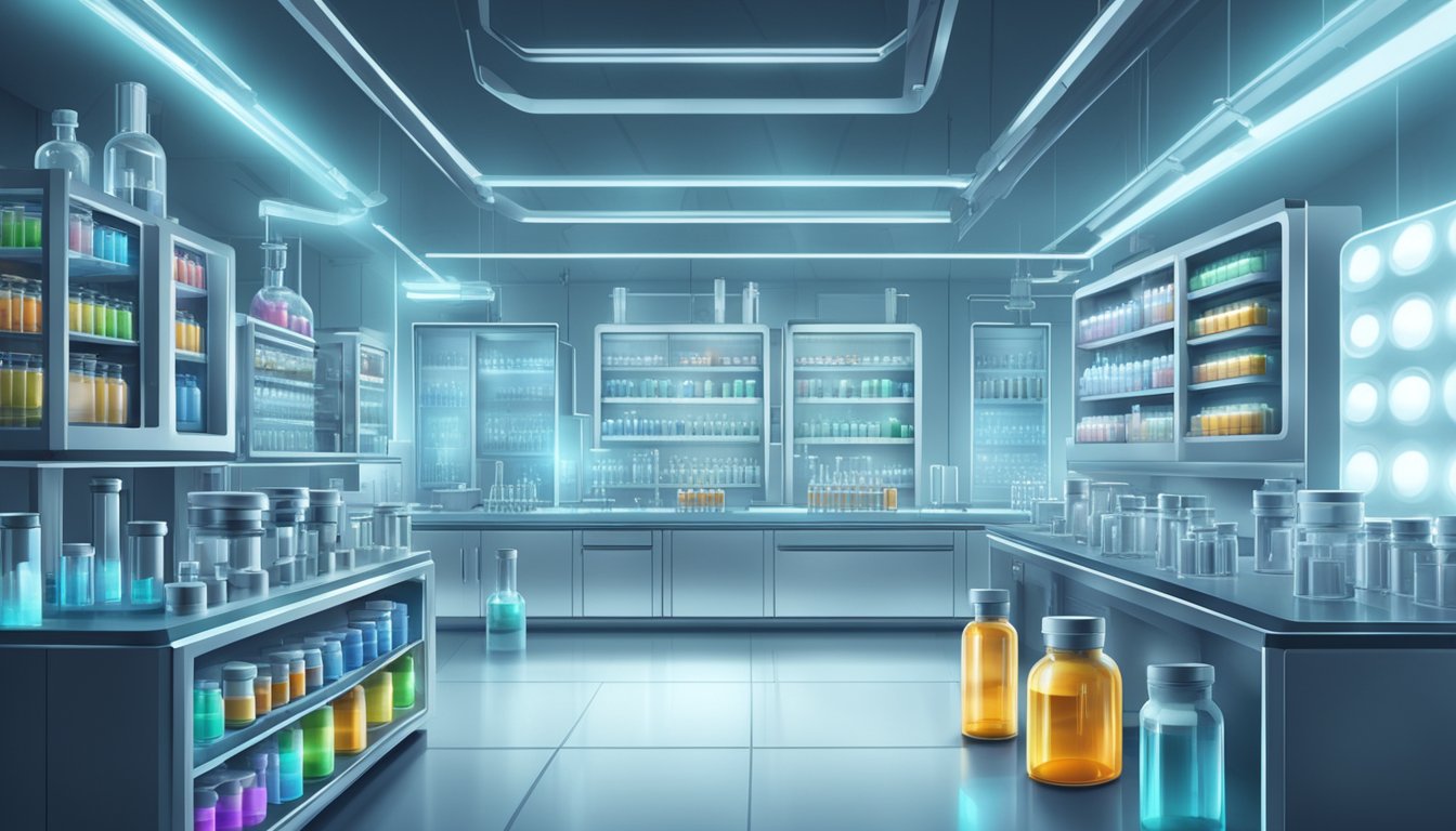 A futuristic laboratory with glowing vials of vitamin supplements and advanced machinery for research and development