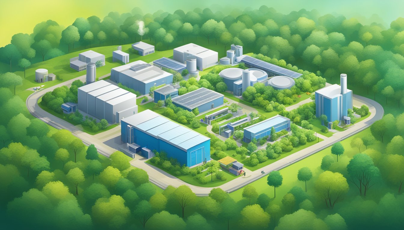 A group of large, modern vitamin supplement manufacturing facilities, surrounded by lush greenery and set against a backdrop of a vibrant, healthy community