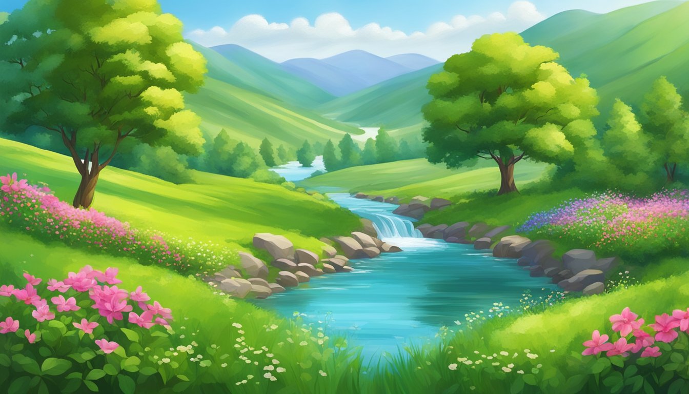 A vibrant, green field with colorful, blooming flowers and strong, healthy-looking trees, surrounded by a clear, flowing river