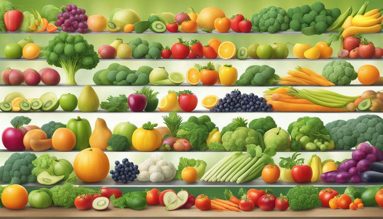 A variety of fruits and vegetables arranged in a colorful and vibrant display, with beams of light shining down on them, symbolizing the unlocking of essential nutrients for optimal health through supplementation and bioavailability