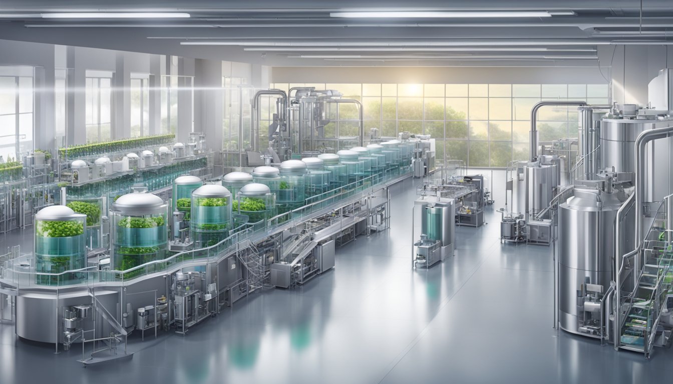 A modern supplement manufacturing facility with advanced machinery and robotic arms producing top vitamin supplements for the health and wellness industry in 2024