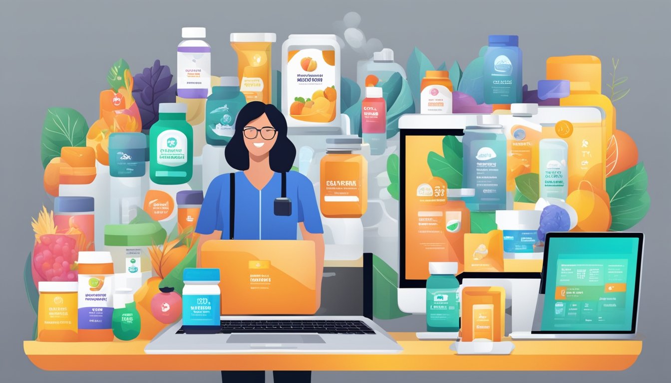 A bustling online marketplace with vitamin supplement products displayed on digital screens, with industry leaders' logos prominently featured