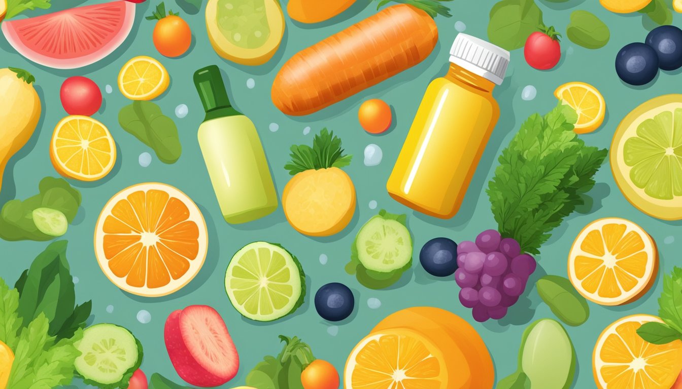 A bottle of vitamin C pills surrounded by fresh fruits and vegetables