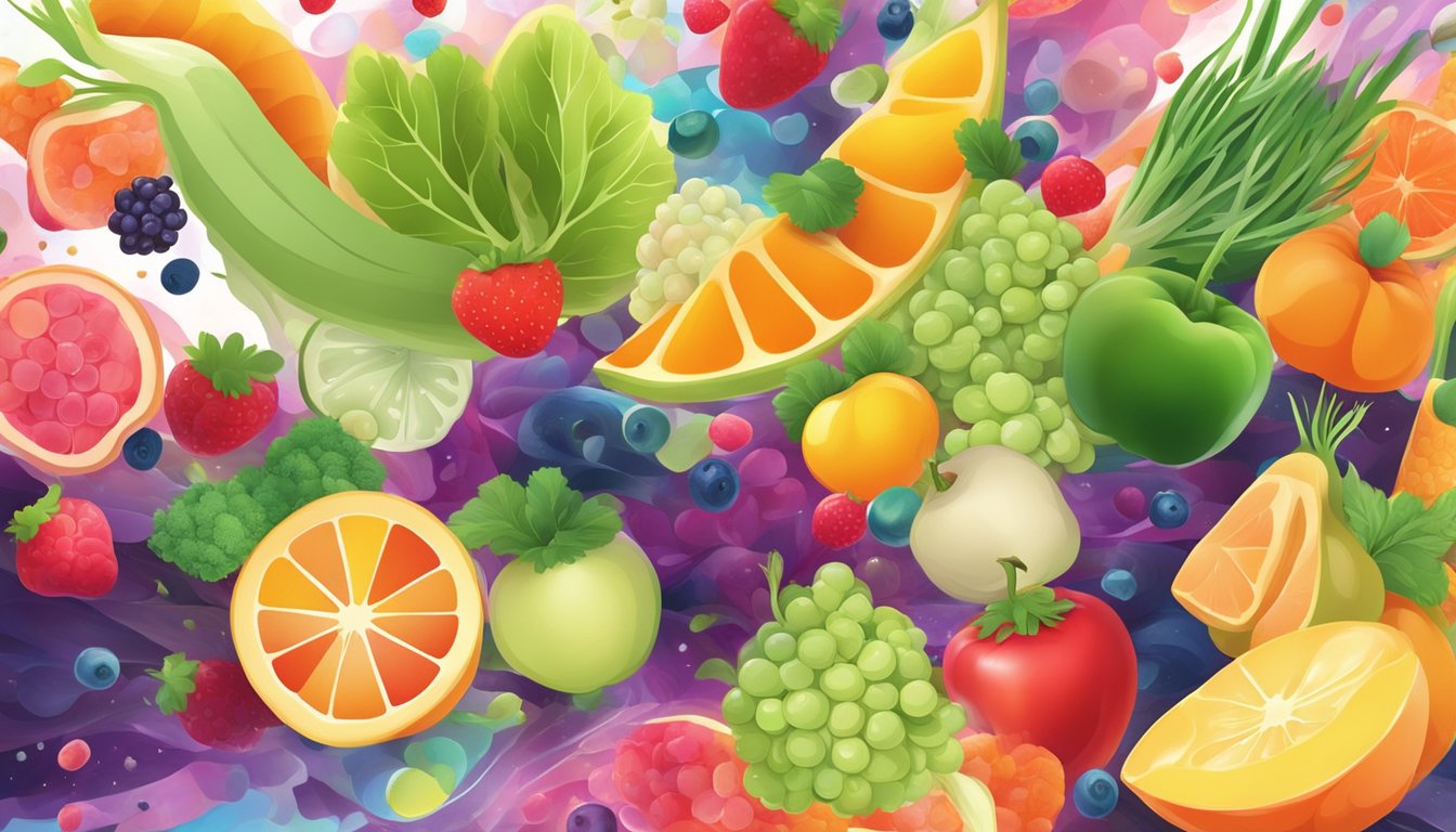 A vibrant, abstract background with swirling patterns and bursts of energy, surrounded by images of fresh fruits and vegetables