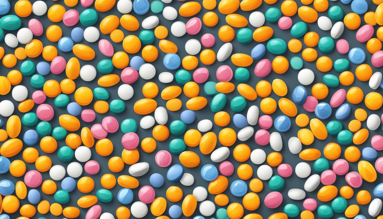 A colorful array of vitamin C pills arranged in a circular pattern with a bottle and a glass of water nearby