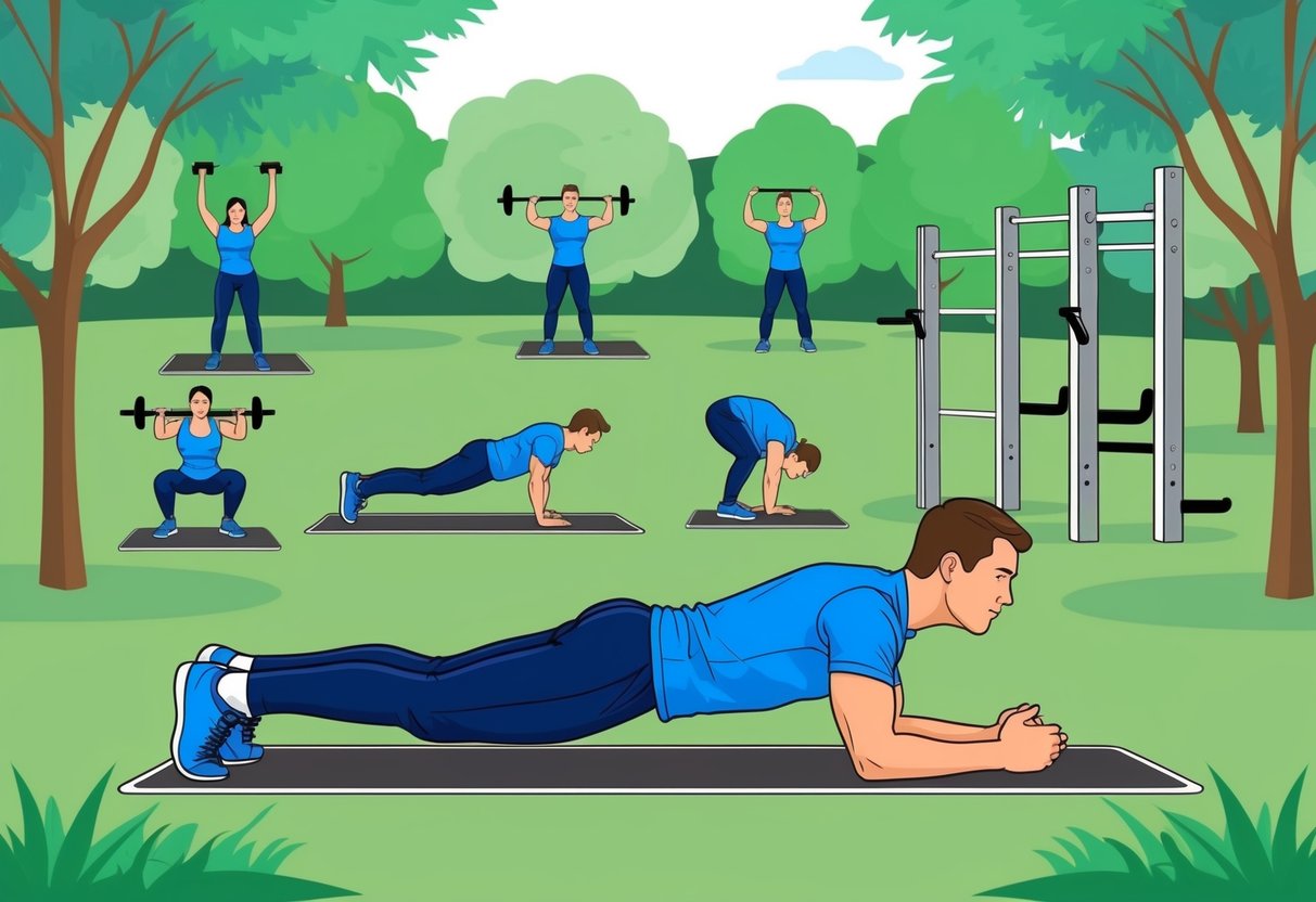 A person performing various calisthenics exercises in a park, including push-ups, pull-ups, and squats, with trees and greenery in the background