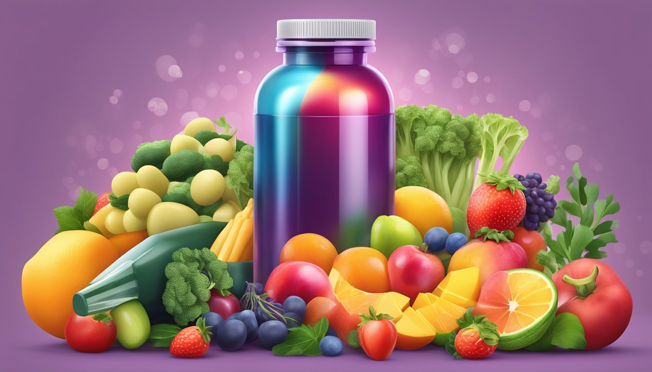 A vibrant array of colorful vitamin supplements bursting out of a pill bottle, surrounded by fresh fruits and vegetables, symbolizing the key benefits for health and wellness