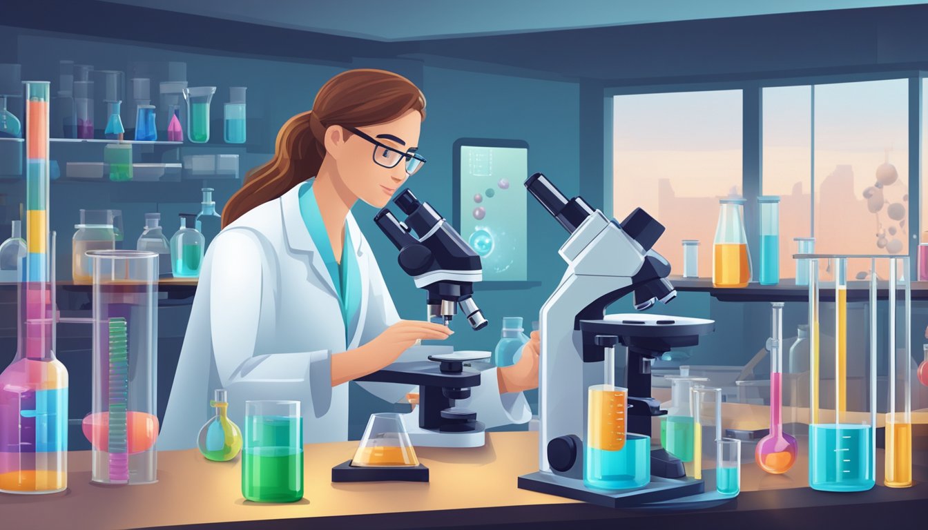 A laboratory setting with beakers, test tubes, and scientific equipment. A researcher studies the molecular structure of biotin under a microscope