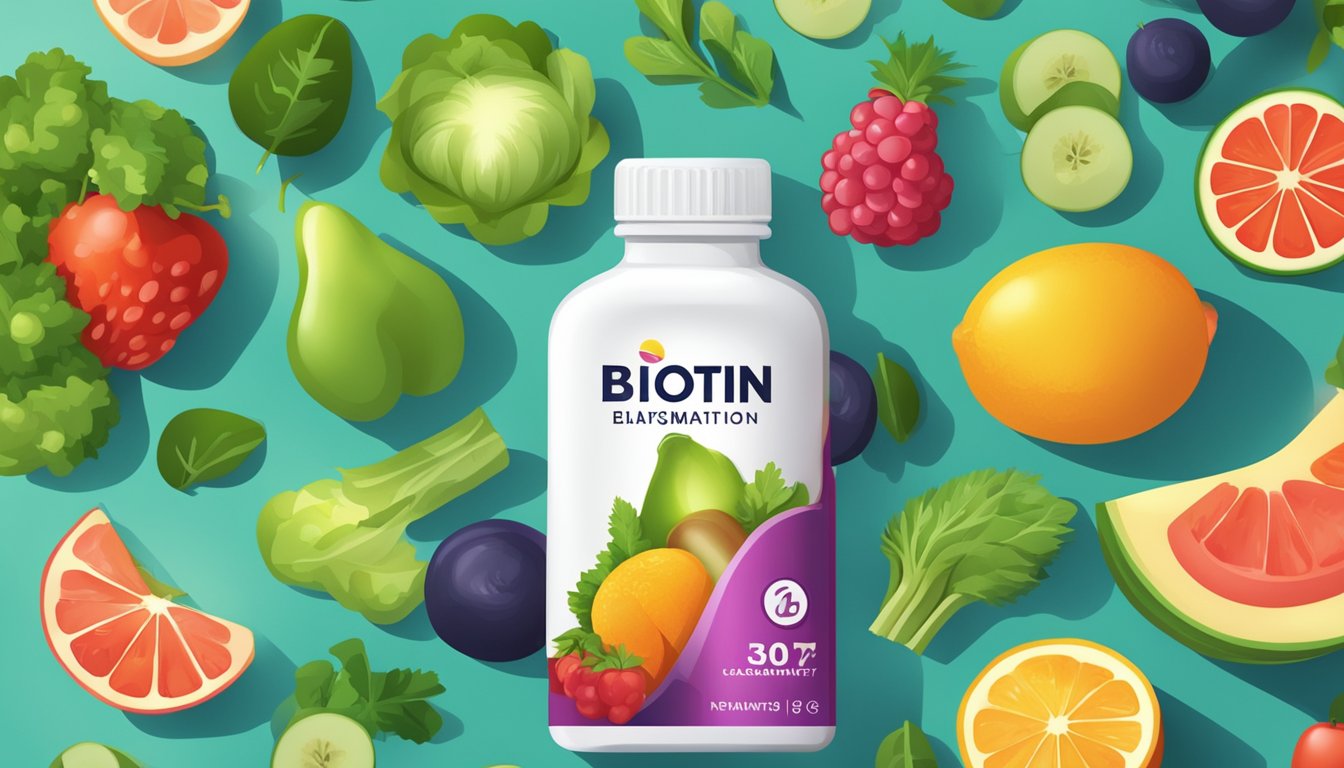 A bottle of biotin supplements surrounded by various fruits and vegetables rich in vitamin b7, with a beam of light shining down on the bottle