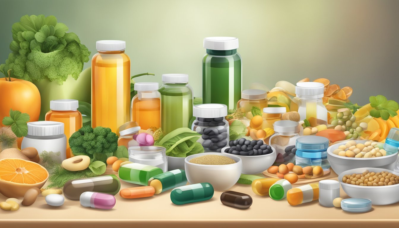 A table with various vitamin supplements and natural foods, surrounded by cholesterol level monitoring devices