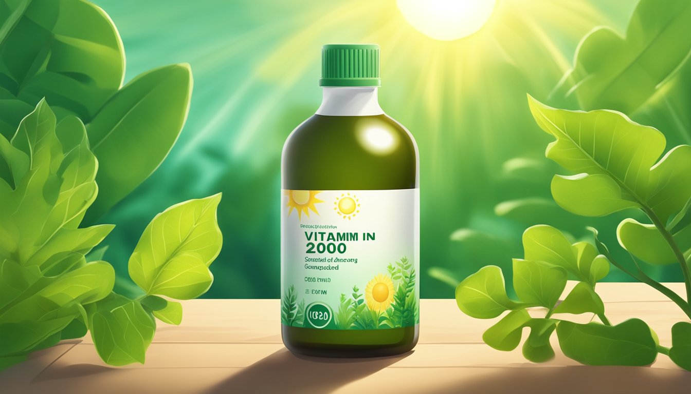 A sunny day with a bottle of vitamin D 2000 IU surrounded by green, leafy plants, and a glowing sun in the background