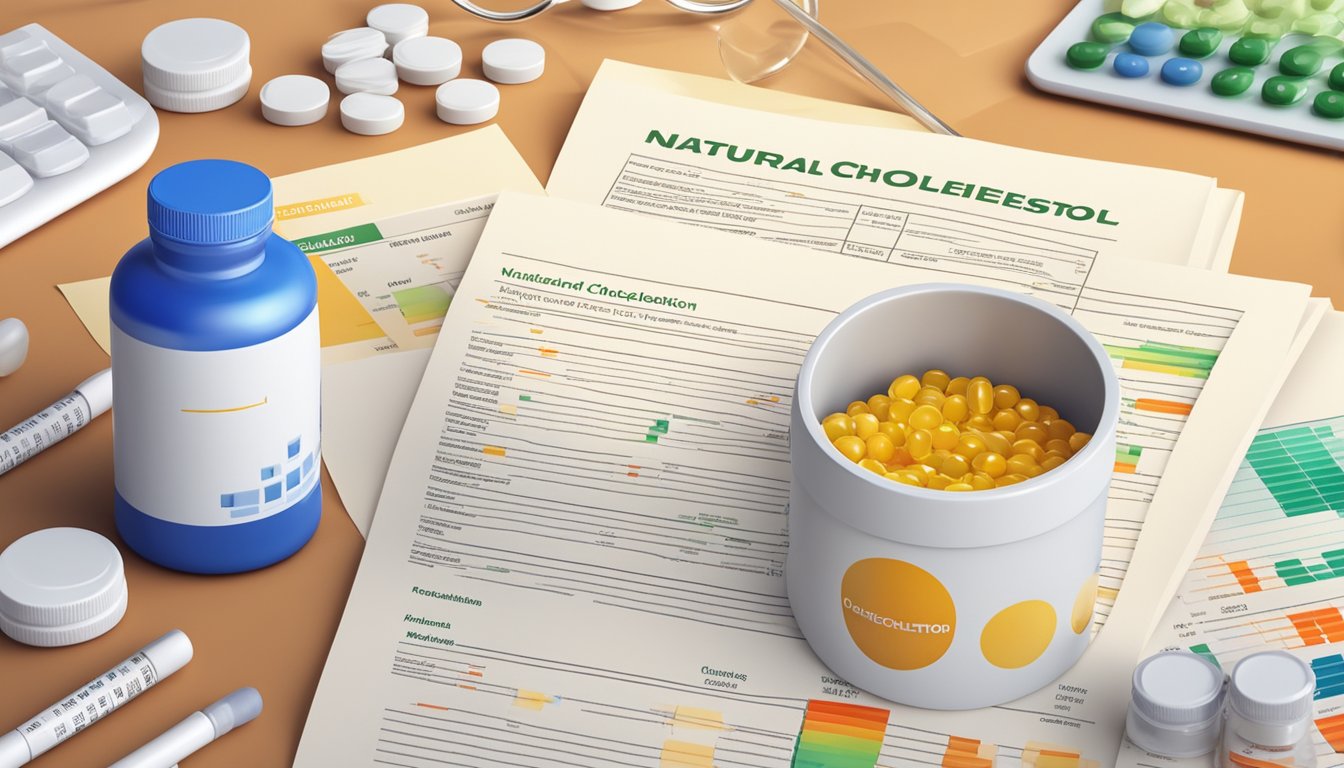 A bottle of natural cholesterol solution next to a variety of vitamin supplements, with a backdrop of medical research papers and charts