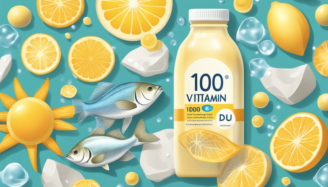 A bright sun shining down on a bottle of 1000 IU vitamin D, surrounded by various sources of the vitamin such as fish and fortified milk