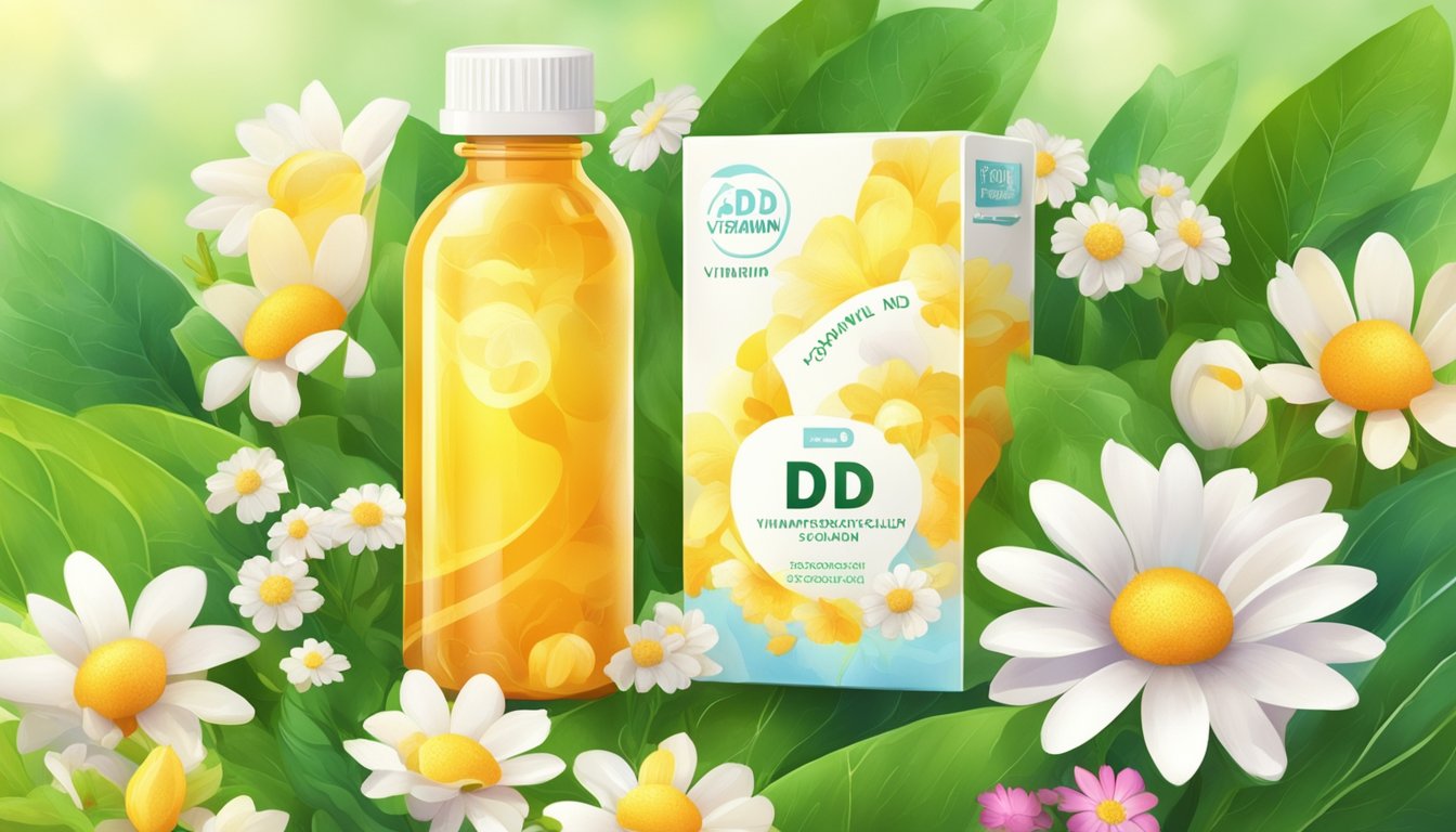 A bright, sunny day with a bottle of vitamin D supplements surrounded by vibrant, blooming flowers and green foliage