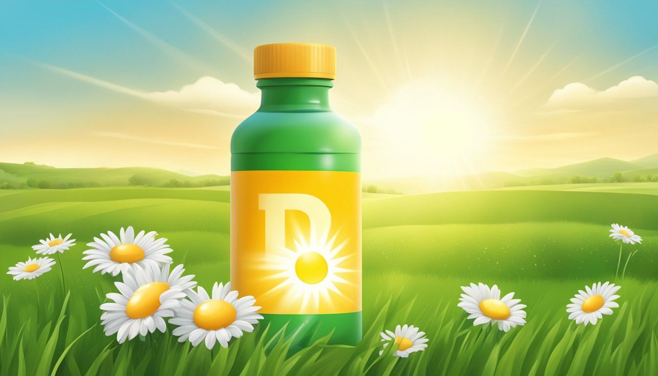 A sunny landscape with a bottle of vitamin D supplements and a sun symbol shining down on a grassy field