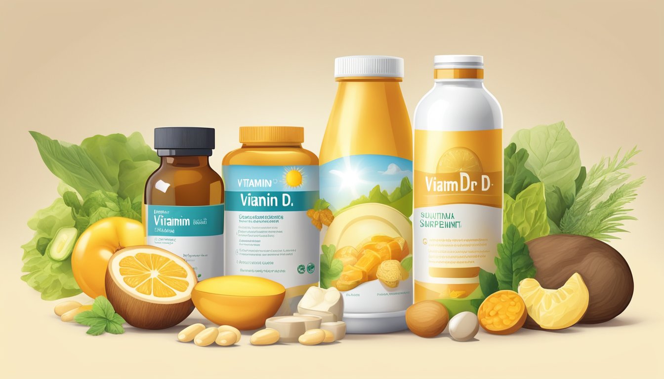 A bottle of vitamin D supplements surrounded by various sources of natural sunlight and a variety of foods rich in vitamin D