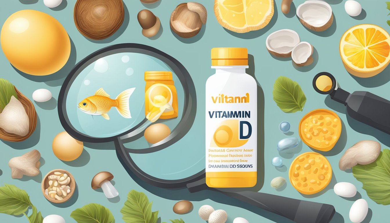 A bottle of vitamin D supplements surrounded by sunlight and various sources of vitamin D, such as fish, eggs, and mushrooms, with a magnifying glass highlighting the benefits