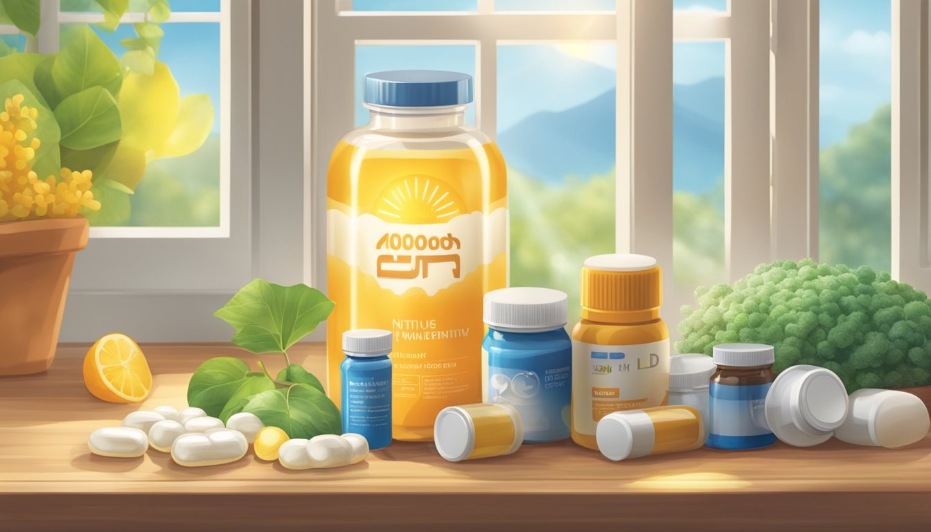 A bottle of 1000 IU vitamin D supplements surrounded by various sources of natural sunlight, such as windows and open doors, with a sense of warmth and vitality emanating from the scene