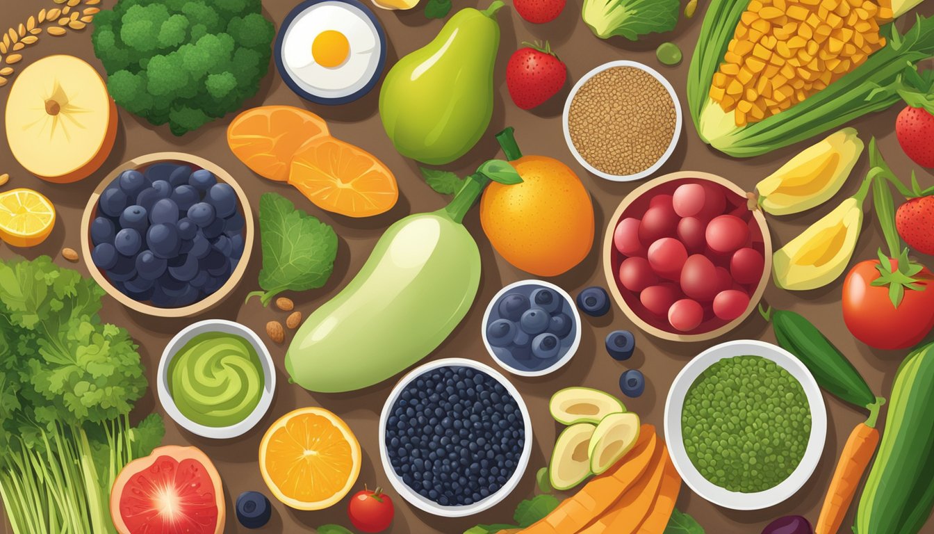 A colorful array of fruits, vegetables, and grains arranged on a table, with a variety of vitamin supplements displayed next to them