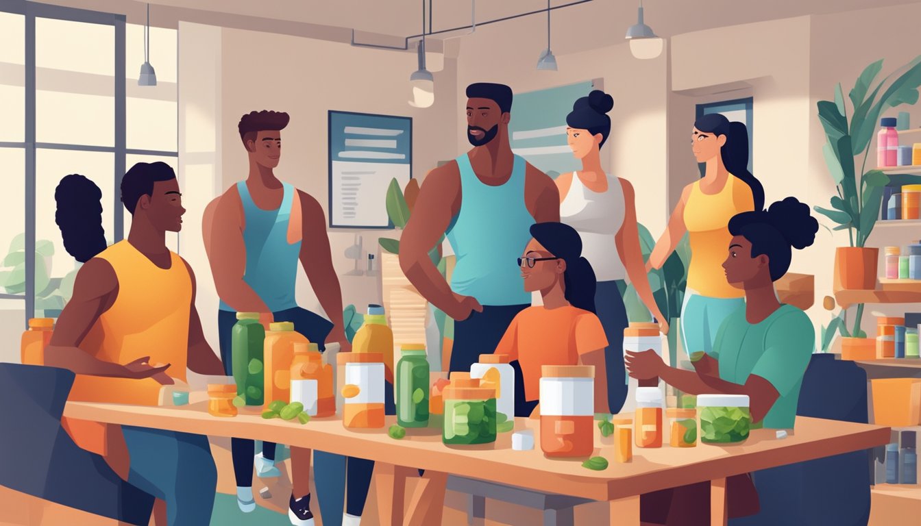 A diverse group of people in various settings, such as a gym, office, and home, surrounded by bottles of vitamins and supplements