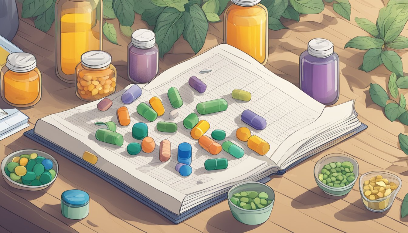 A table with various vitamin supplements arranged neatly next to a book titled "Assessing Your Needs: Unlocking Wellness."