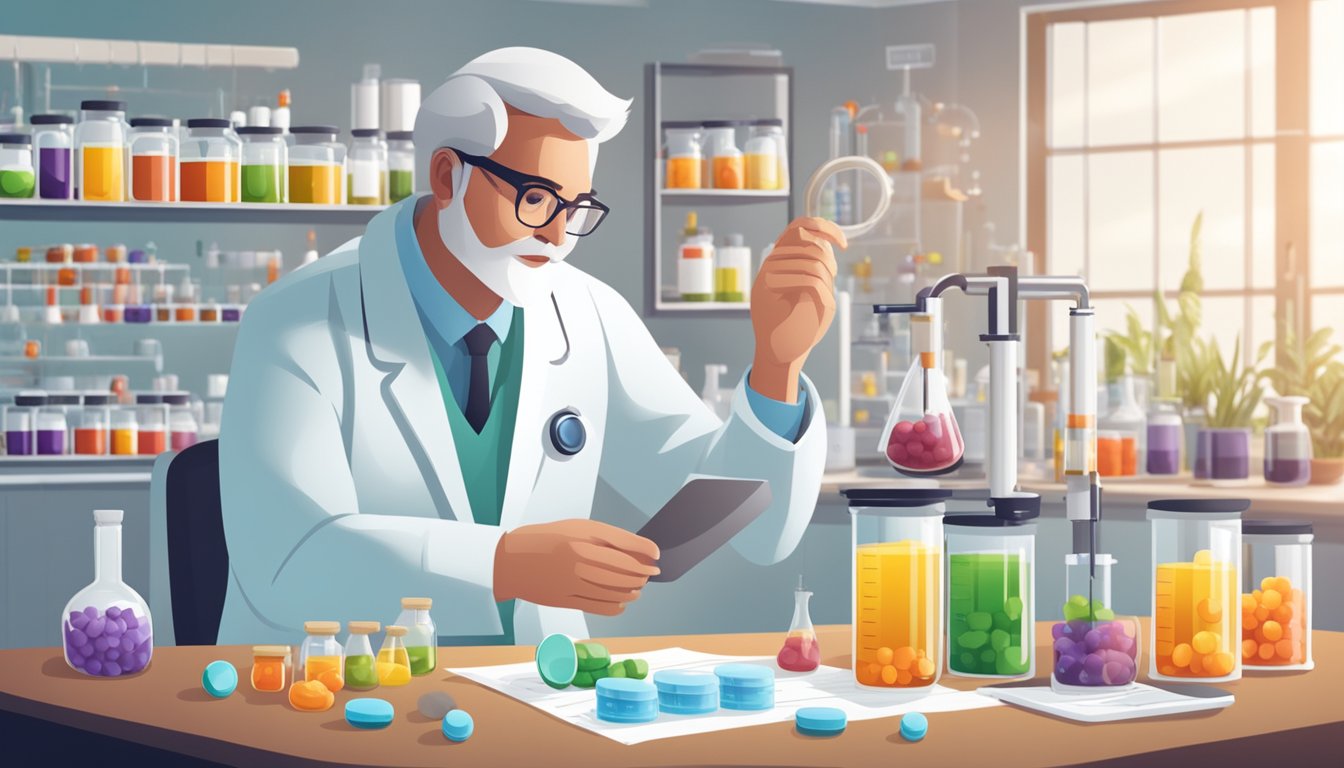 A scientist in a lab conducting experiments on various vitamin supplements, with charts and graphs displayed in the background