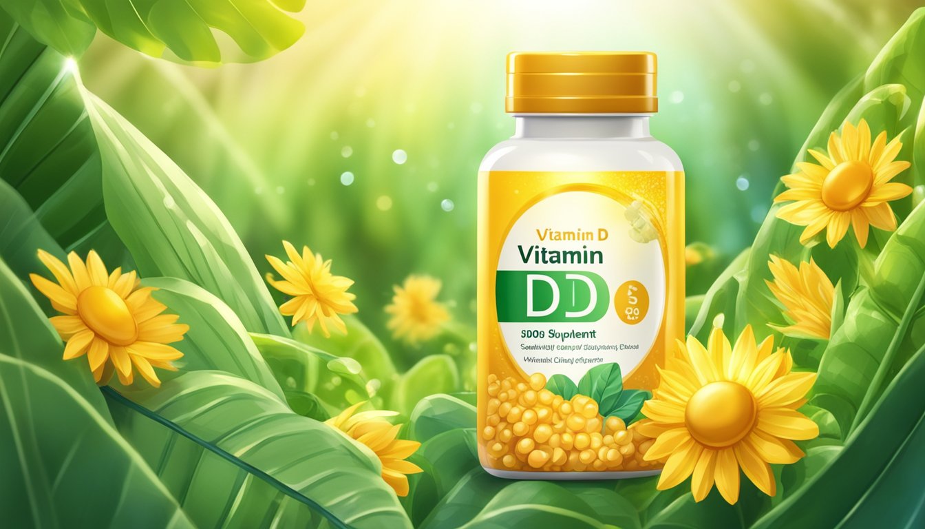 A bottle of vitamin D supplements, 50000 IU, surrounded by rays of sunlight and vibrant, healthy plants