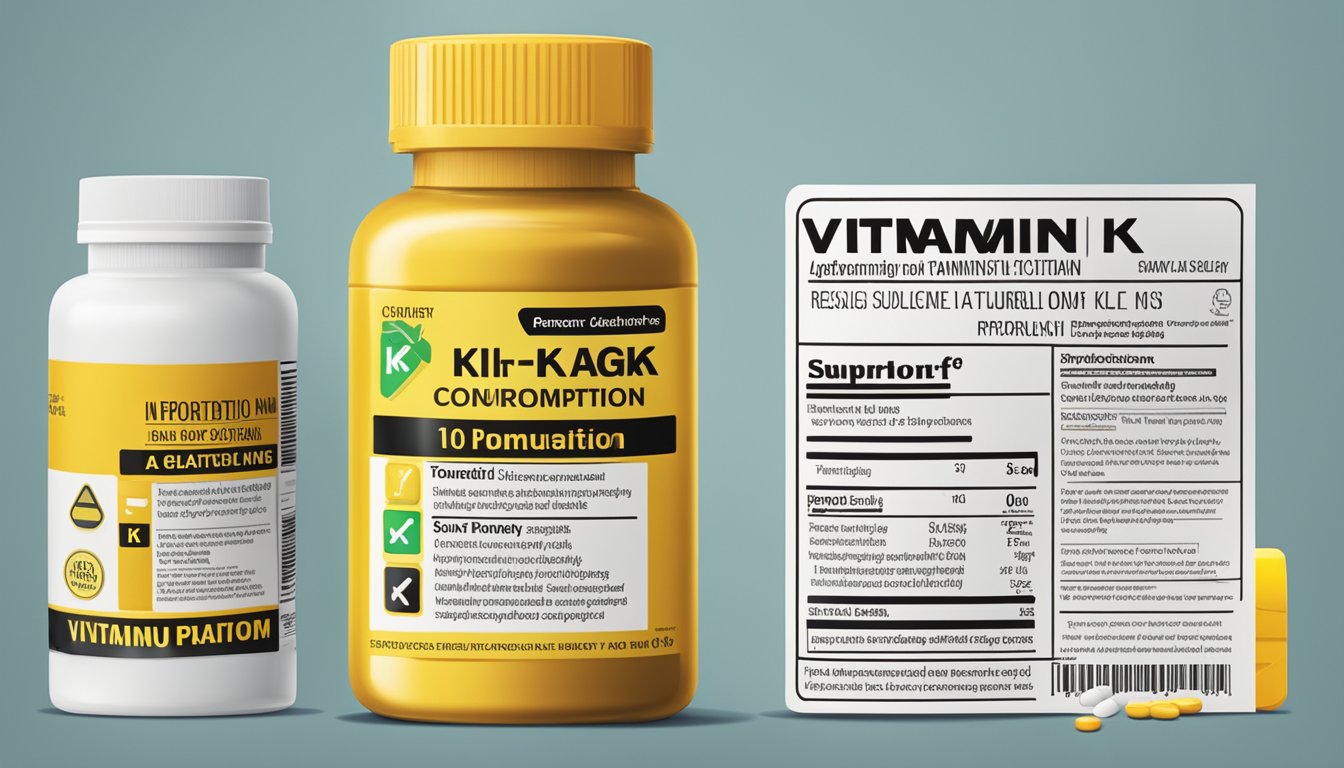 A bottle of Vitamin K supplements with a warning label, surrounded by caution signs and a safety information pamphlet