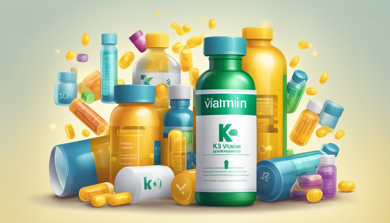 A bottle of vitamin K supplements surrounded by caution signs and safety symbols