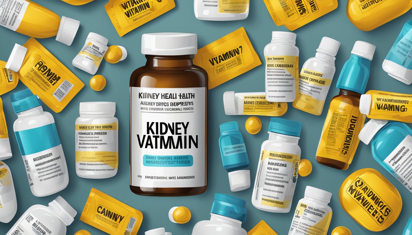 A bottle of kidney health vitamin supplements surrounded by caution signs and warning labels