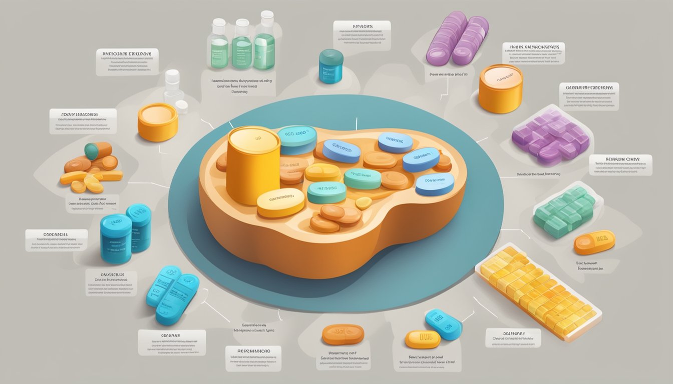 A kidney surrounded by various vitamin supplement bottles, with a caution sign and a list of potential risks and precautions