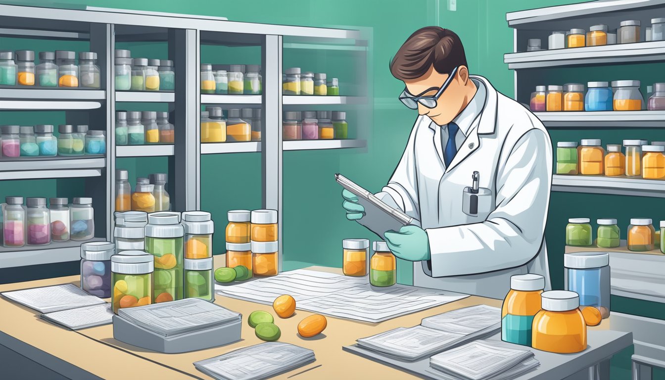 A laboratory technician inspecting vitamin K supplements for quality control, surrounded by regulatory documents and safety guidelines