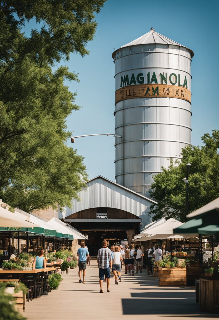 The bustling Magnolia Market at the Silos in Waco, Texas, with its iconic grain silos and charming storefronts, surrounded by lush greenery and cheerful visitors