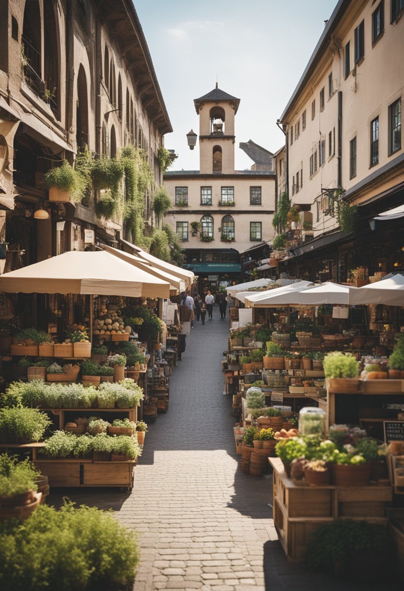 A bustling marketplace with rustic silos, surrounded by charming storefronts and greenery, filled with visitors browsing and shopping