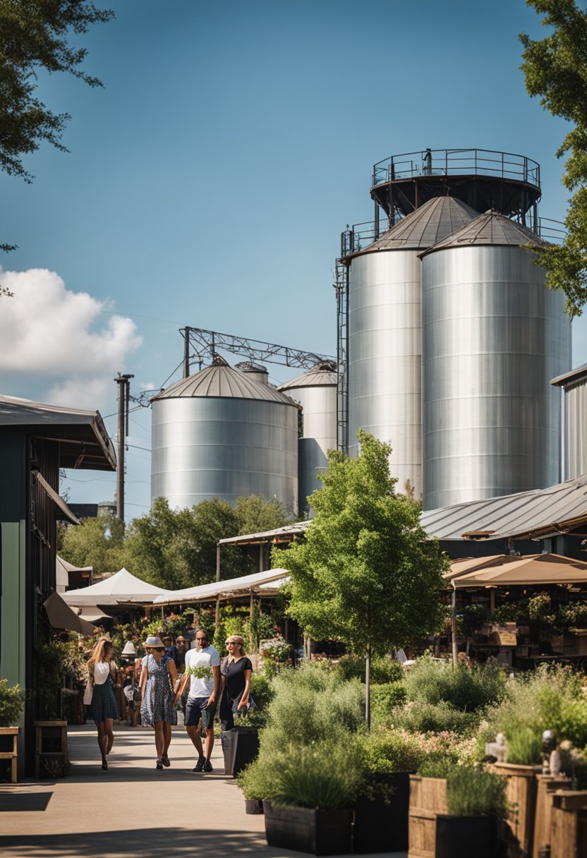 Visitors wander among rustic buildings, market stalls, and lush greenery at Magnolia Market, with the iconic silos towering in the background