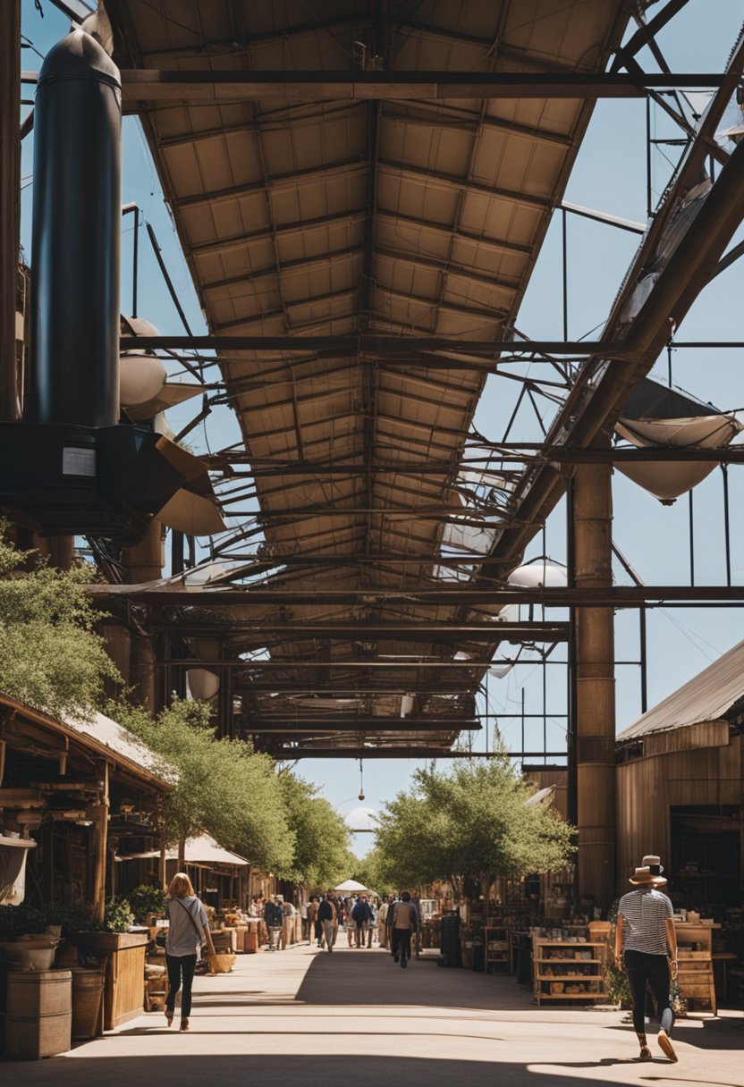 Visitors stroll among rustic silos, browsing market stalls and enjoying the Texas sun