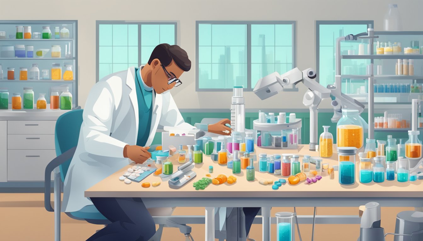 A scientist in a lab setting, testing vitamin supplements and kidney health. Various equipment and samples are spread out on the table