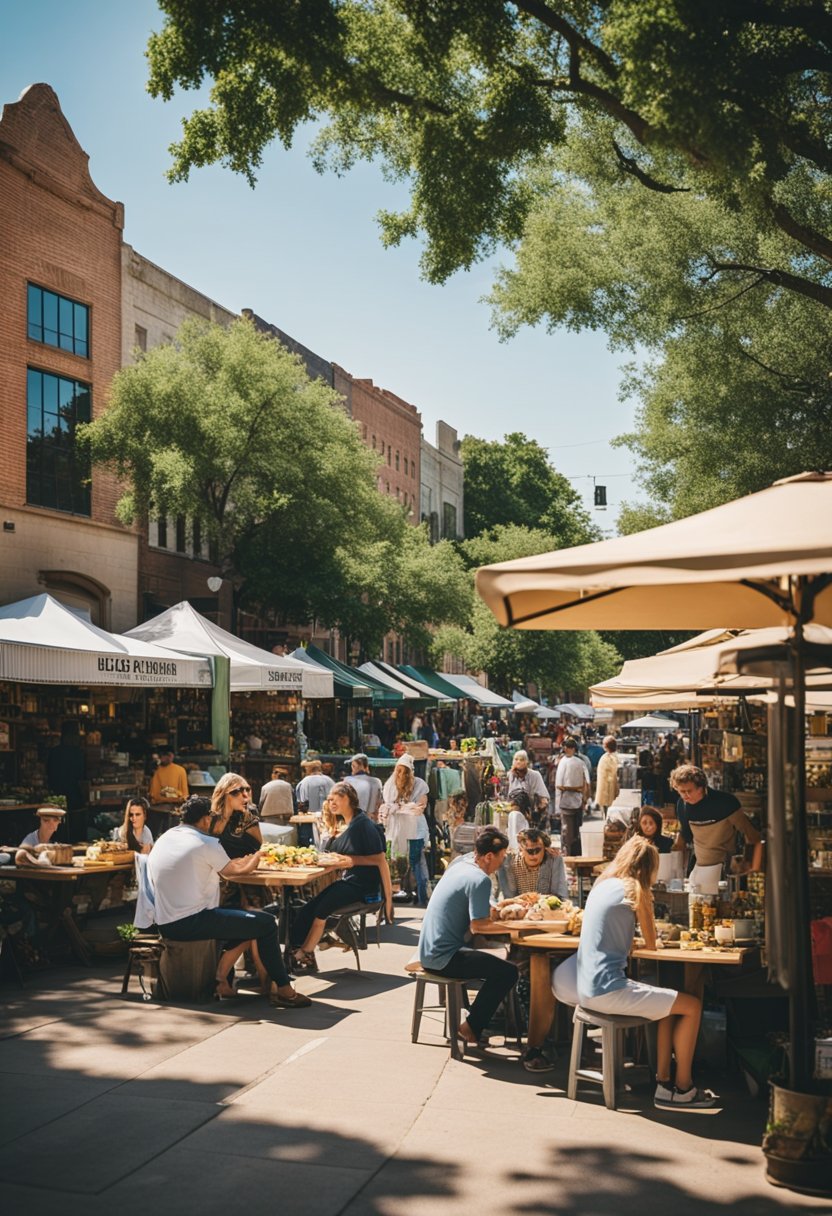 A bustling outdoor market with colorful food stalls and dining areas, surrounded by charming buildings and greenery in Waco, Texas