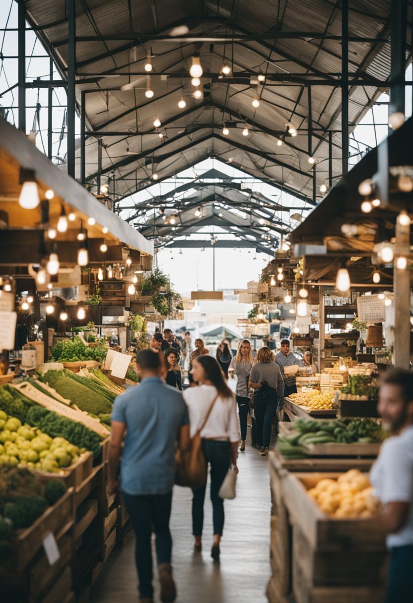 Visitors stroll through a bustling market, browsing merchandise and enjoying the outdoor ambiance of Magnolia Market at the Silos in Waco, Texas