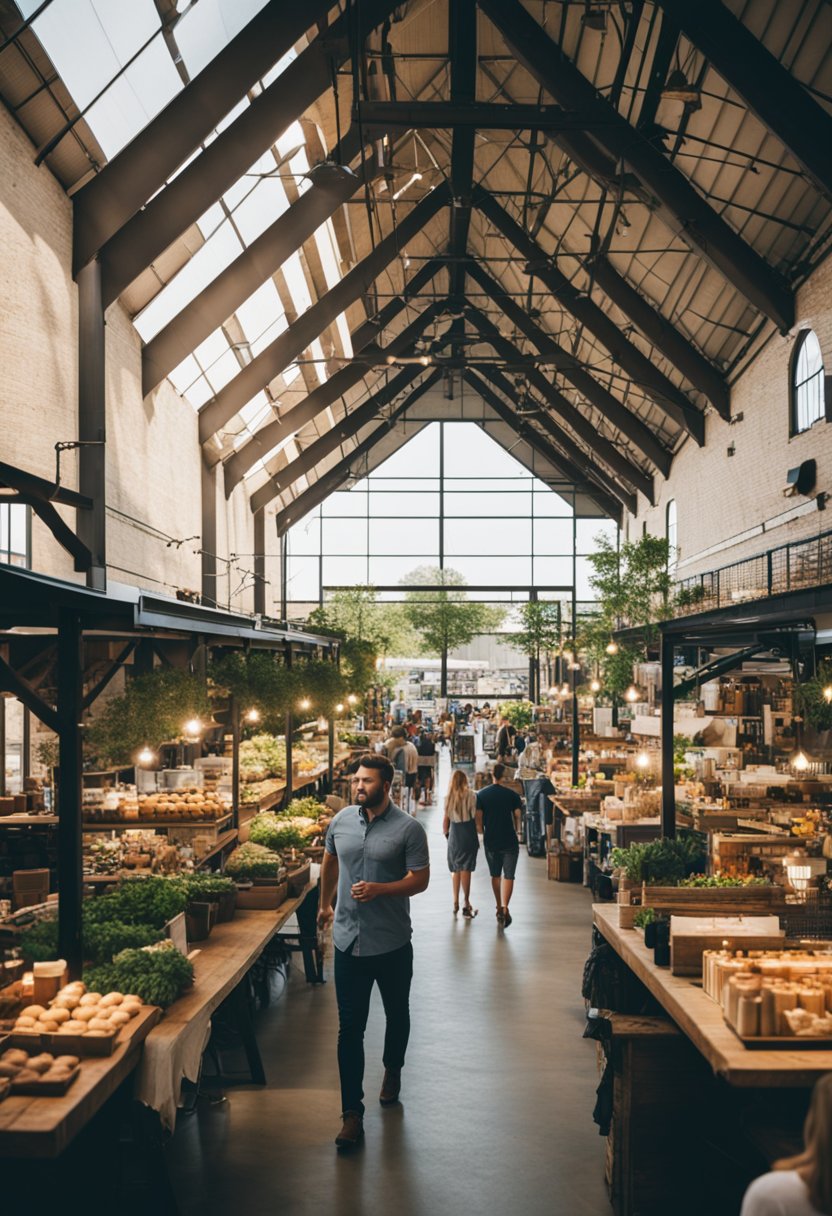 The bustling Magnolia Market at the Silos in Waco, Texas, with visitors browsing through an array of artisanal goods and food vendors under the shade of towering silos