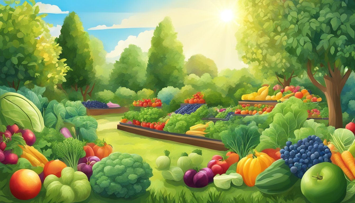 A lush garden with colorful fruits and vegetables, surrounded by sunlight and blue skies